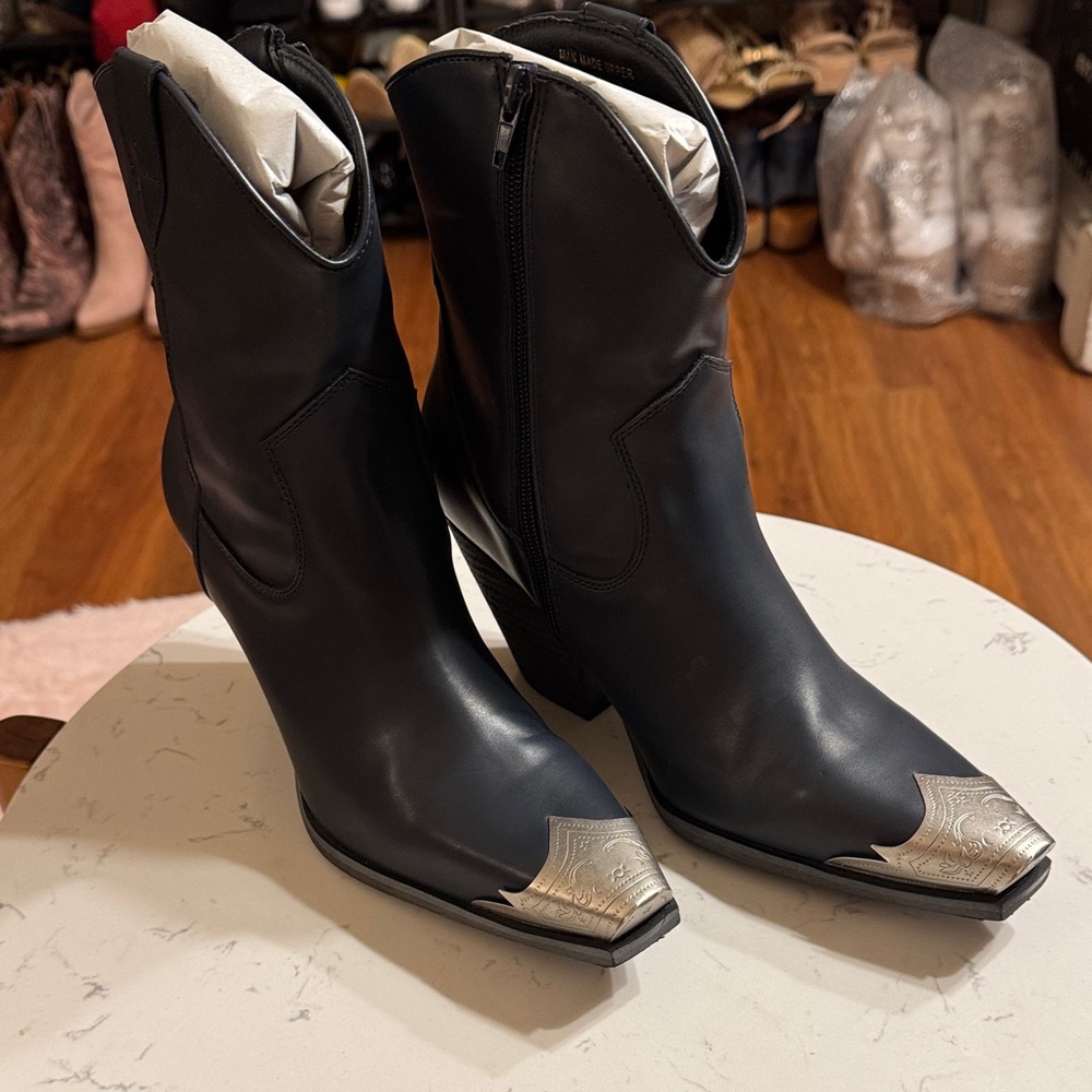 Navy Ankle Boots with Silver Toe Tips